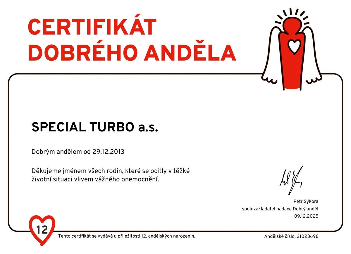 Certifikát Dobrého anjela pre SPECIAL TURBO a.s., dobrým anjelom od 29. 12. 2013